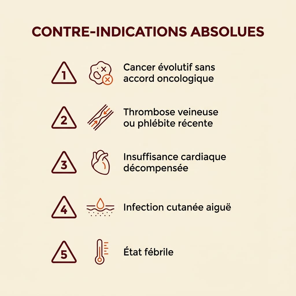 Infographie listant cinq contre-indications absolues du drainage lymphatique avec icônes triangulaires bordeaux : cancer évolutif sans accord oncologique, thrombose veineuse ou phlébite récente, insuffisance cardiaque décompensée, infection cutanée aiguë, état fébrile en cours