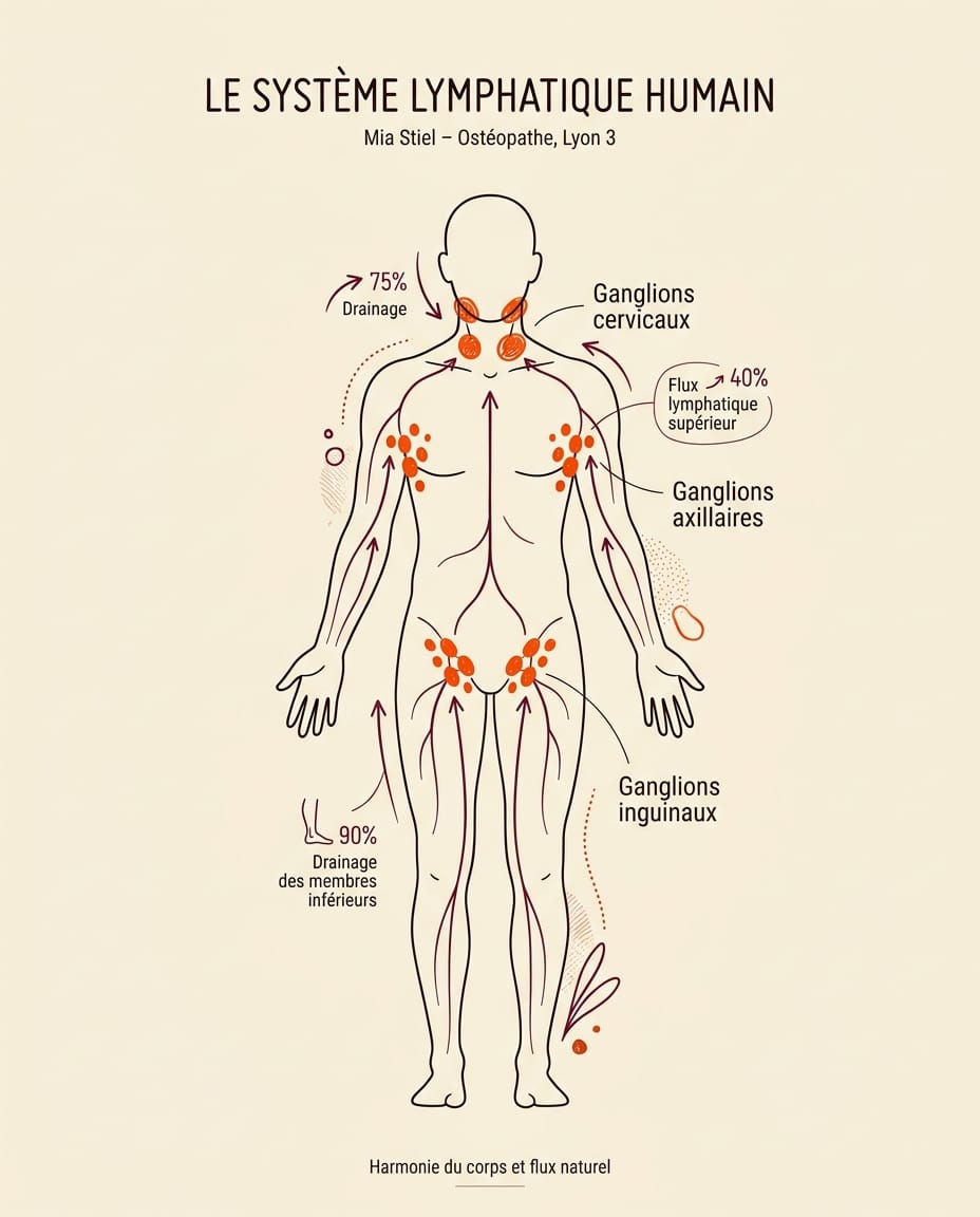 Schéma anatomique du système lymphatique humain montrant les trois groupes principaux de ganglions cervicaux, axillaires et inguinaux, avec les flux lymphatiques qui remontent depuis les bras et les jambes vers les ganglions de proximité