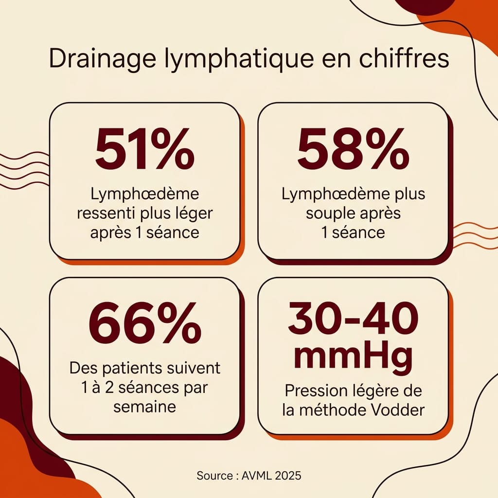 Infographie regroupant quatre statistiques clés du drainage lymphatique manuel issues de l'étude AVML 2025 : 51 pourcent de lymphœdème ressenti plus léger après une séance, 58 pourcent plus souple, 66 pourcent des patients à raison d'une à deux séances par semaine, et la pression légère de 30 à 40 mmHg de la méthode Vodder