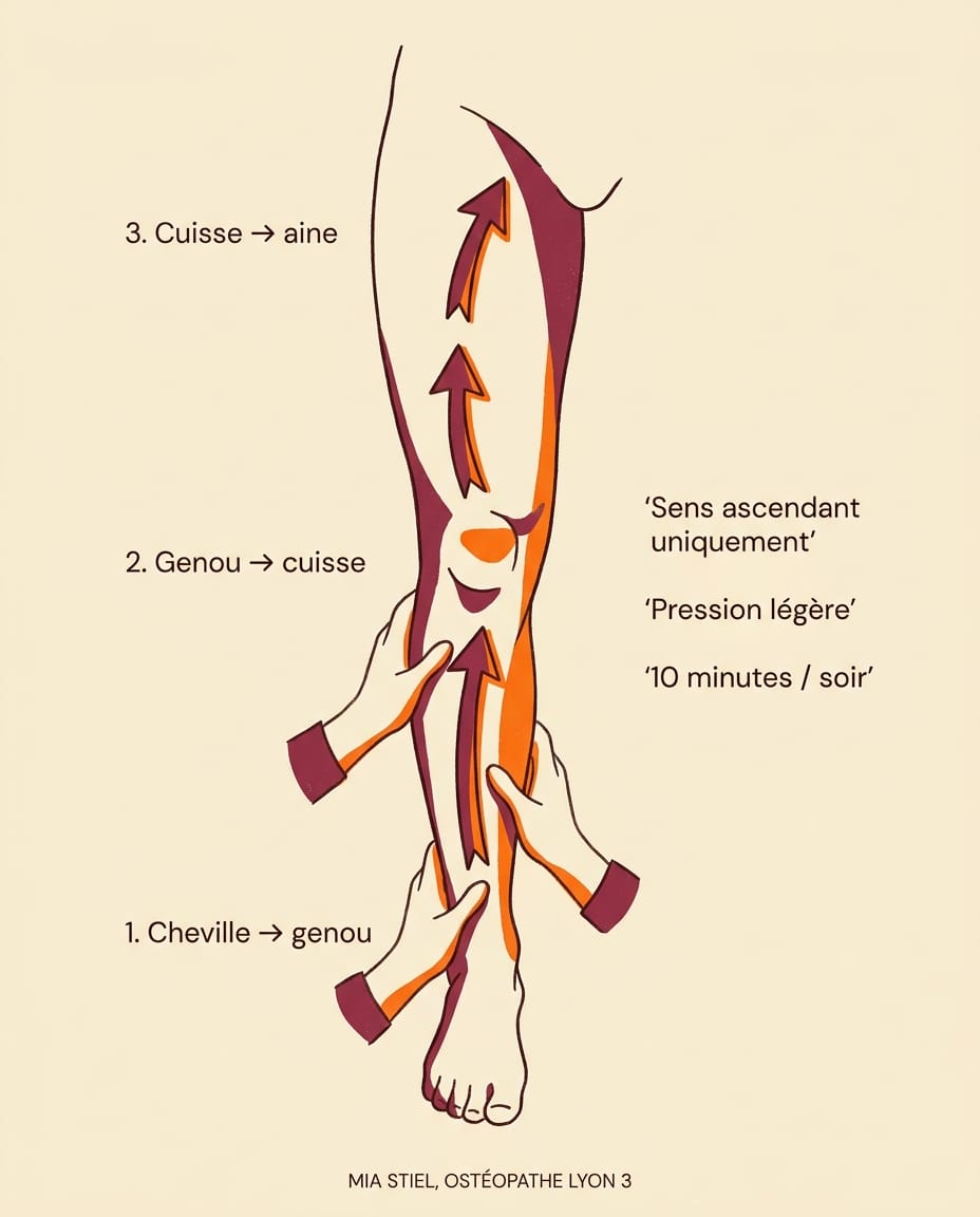 Infographie en français illustrant la technique d'auto-massage ascendant des jambes en 3 étapes anatomiques : 1. Cheville vers genou, 2. Genou vers cuisse, 3. Cuisse vers aine — schéma d'une jambe stylisée vue de face avec flèches bordeaux directionnelles et instructions courtes en français