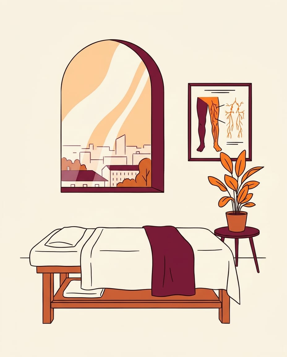 Illustration éditoriale en français représentant une scène de cabinet ostéopathique paisible à Lyon 3 : table de soin habillée d'un drap crème, fauteuil thérapeute, plante en pot, cadre anatomique au mur, fenêtre arquée avec lumière douce — pas de personnes, ambiance feutrée et bienveillante