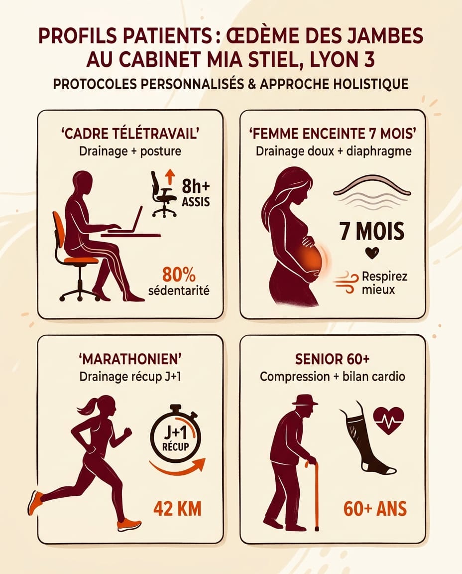 Infographie éditoriale en français présentant 4 profils de patientes et patients types reçus au cabinet pour œdèmes des jambes : cadre télétravail, femme enceinte 7 mois, sportif marathonien, senior 60+ — chaque profil illustré par un portrait stylisé bordeaux avec une étiquette de protocole adapté en français